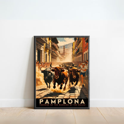 Pamplona Vintage Travel Poster - The Home of Running Bulls