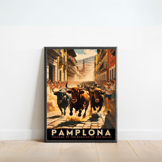 Pamplona Vintage Travel Poster - The Home of Running Bulls