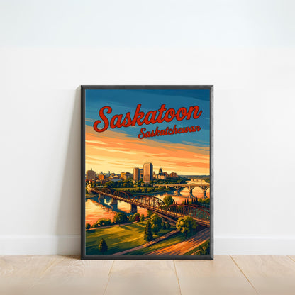 Saskatoon Vintage Travel Poster - Riverside City Sunset View