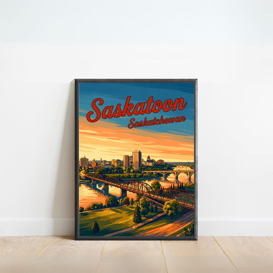Saskatoon Vintage Travel Poster - Riverside City Sunset View