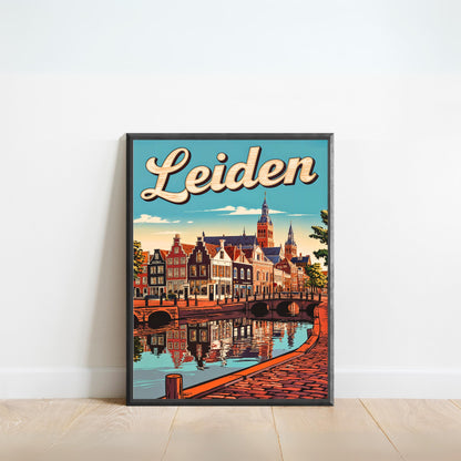 Leiden Vintage Travel Poster - Iconic Landmark and Canal View