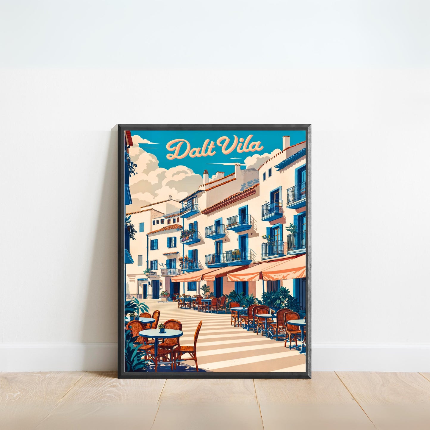 Dalt Vila Vintage Travel Poster - Charming Street and Cafes in Ibiza