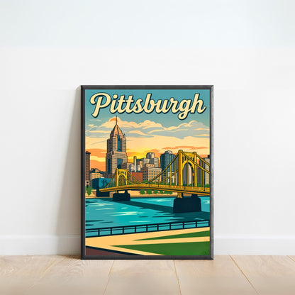 Pittsburgh Vintage Travel Poster- Yellow Bridge
