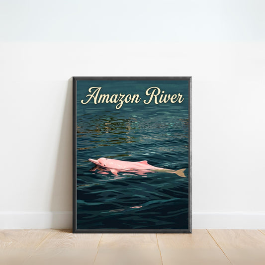 Amazon River Vintage Travel Poster - Charming Mystic Dolphin