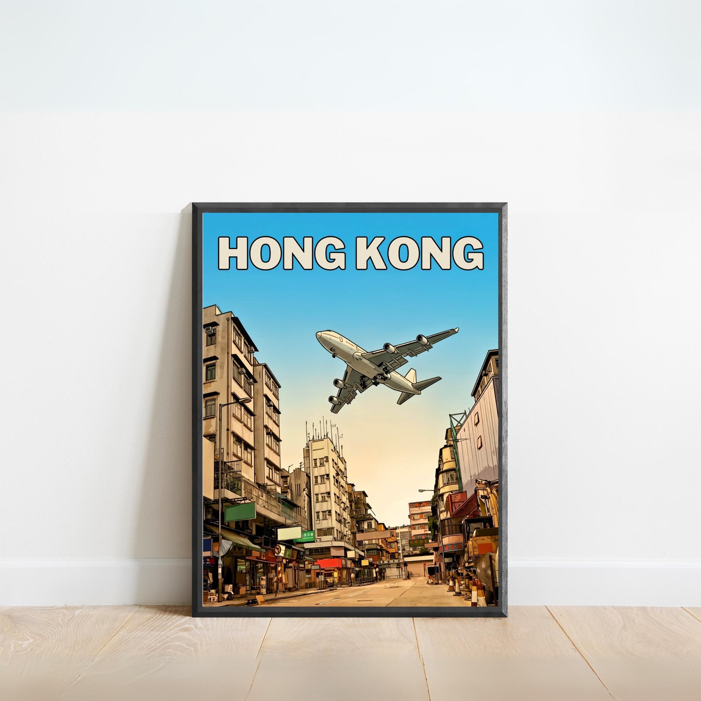 Hong Kong Vintage Travel Poster - Flying View of Kai Tak Airport