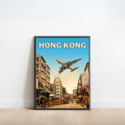 Hong Kong Vintage Travel Poster - Flying View of Kai Tak Airport