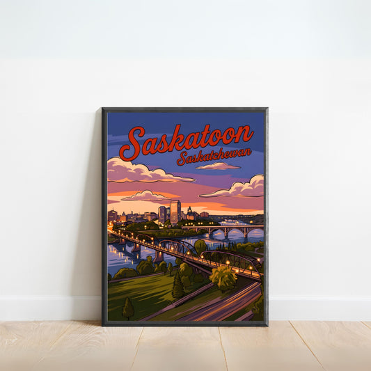 Saskatoon Vintage Travel Poster - Downtown Evening View