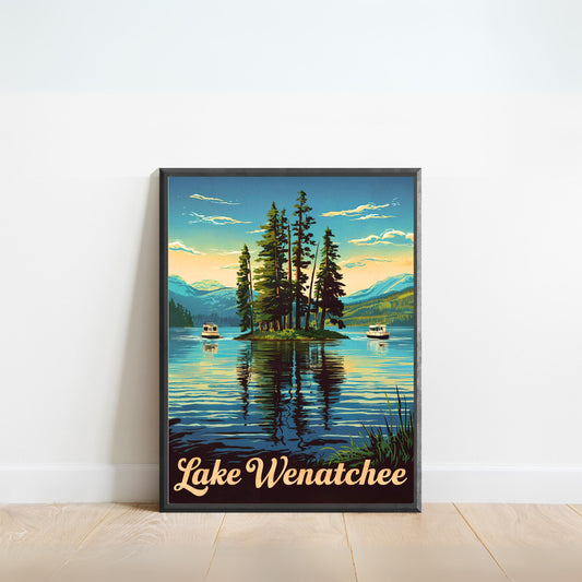 Lake Wenatchee Vintage Travel Poster  - Travel along the beautiful Serene Lake in Washington