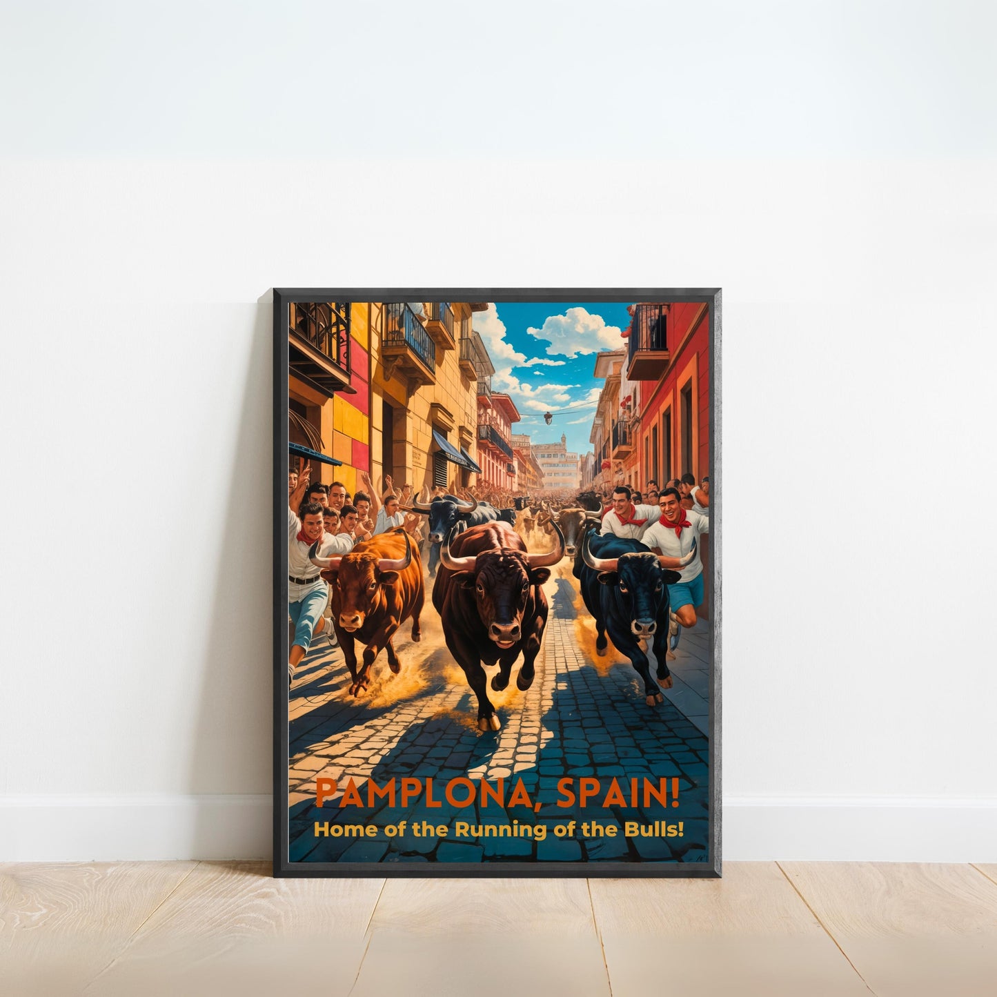 Pamplona Vintage Travel Poster - Captivaing Running Bulls