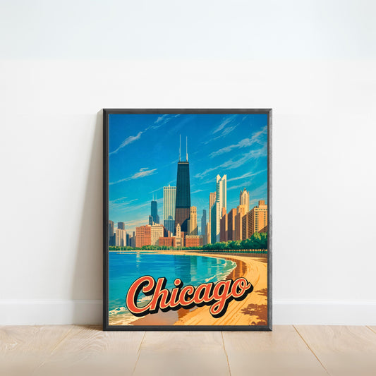 Chicago Vintage Travel Poster - Captivating Skyline view by the beach