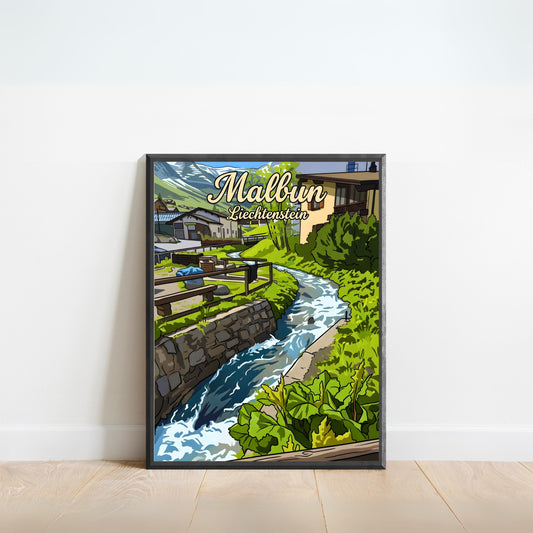 Malbun Vintage Travel Poster - Charming Village and its River