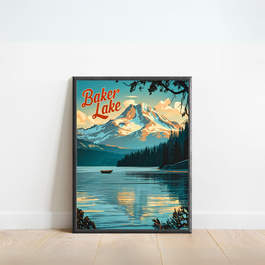 Baker Lake Vintage Travel Poster - Serene Lake and Stunning Glacial Mountain