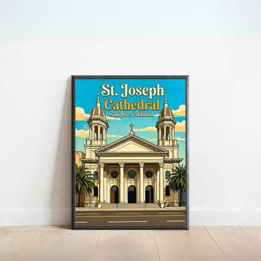 St. Joseph Cathedral Vintage Travel Poster -  Romanesque Beauty in California