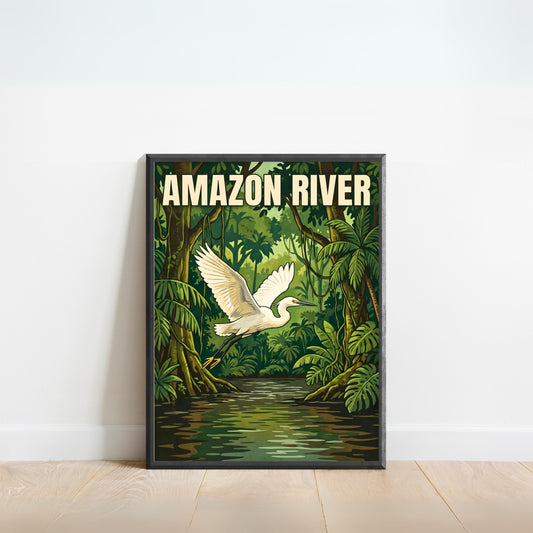 Amazon River Vintage Travel Poster - Jungle Sky Heron