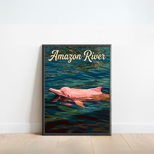 Amazon River Vintage Travel Poster - Pink Dolphin of Rainforest