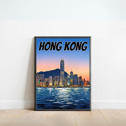 Hong Kong Vintage Travel Poster - Captivating Evening Skyline