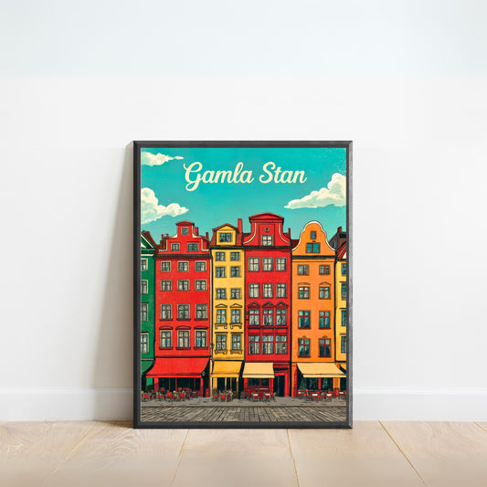 Gamla Stan Vintage Travel Poster - Charming Colorful Building in Stockhol, Sweden