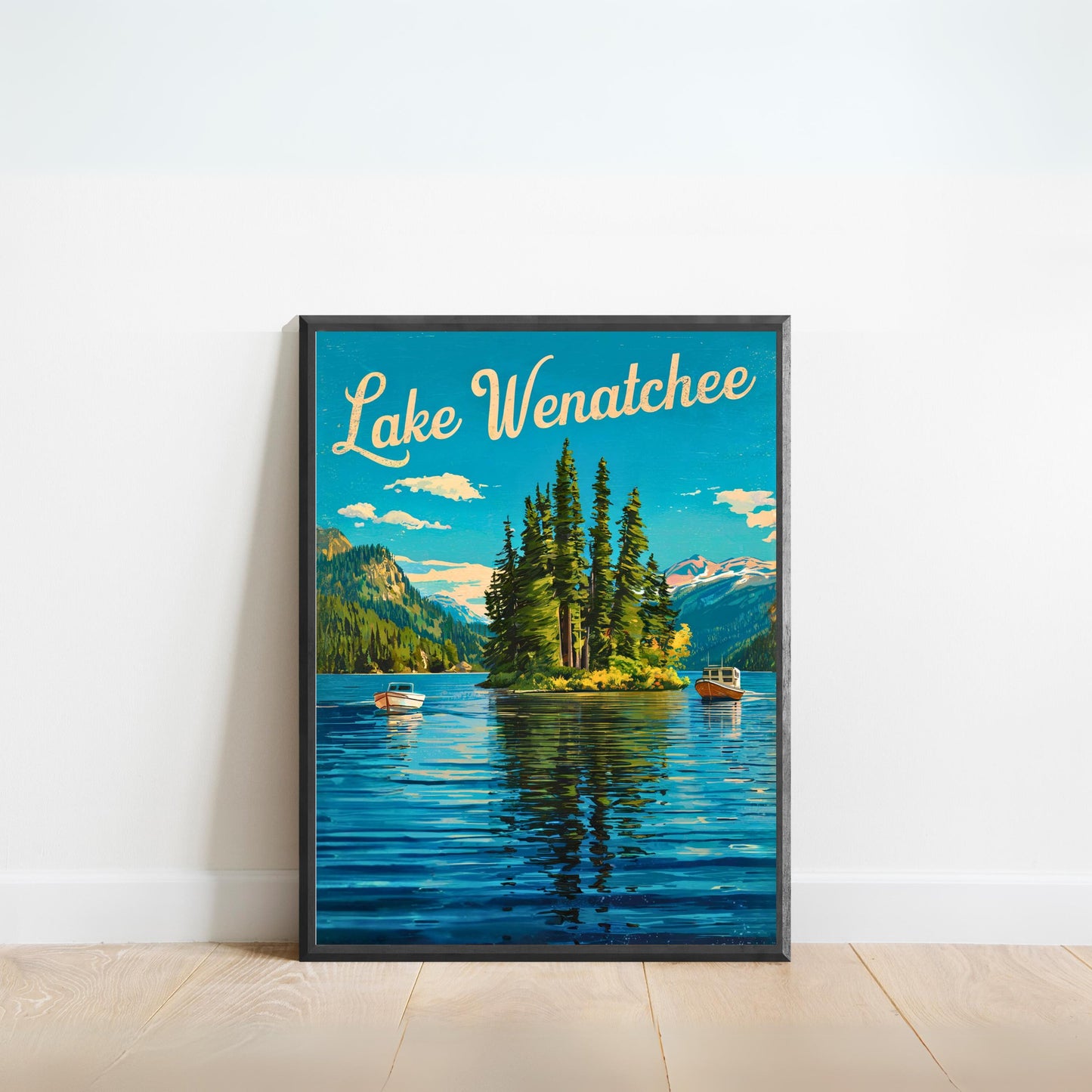 Lake Wenatchee Vintage Travel Poster - Captivating Serene Lake and Boats View Washington