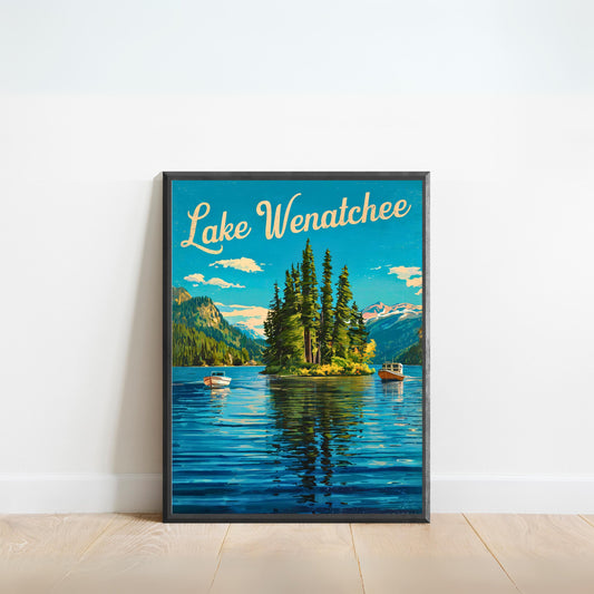 Lake Wenatchee Vintage Travel Poster - Captivating Serene Lake and Boats View Washington