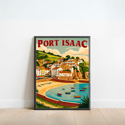 Port Isaac Vintage Travel Poster - England Coastal Village and Harbor View
