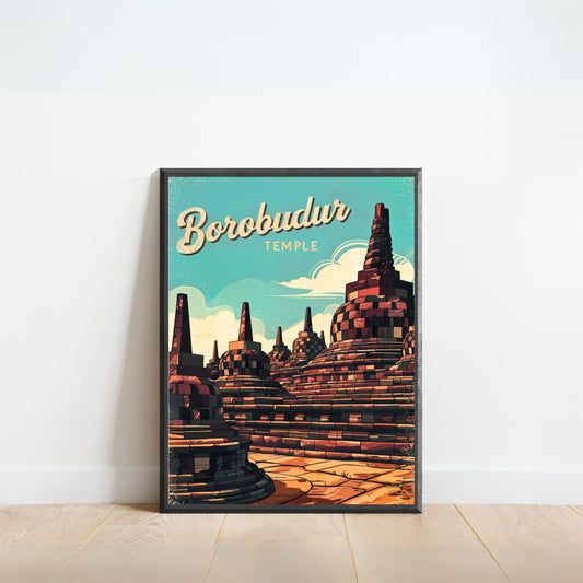 Borobudur Temple Vintage Travel Poster - The Timeless Wonder of Indonesia