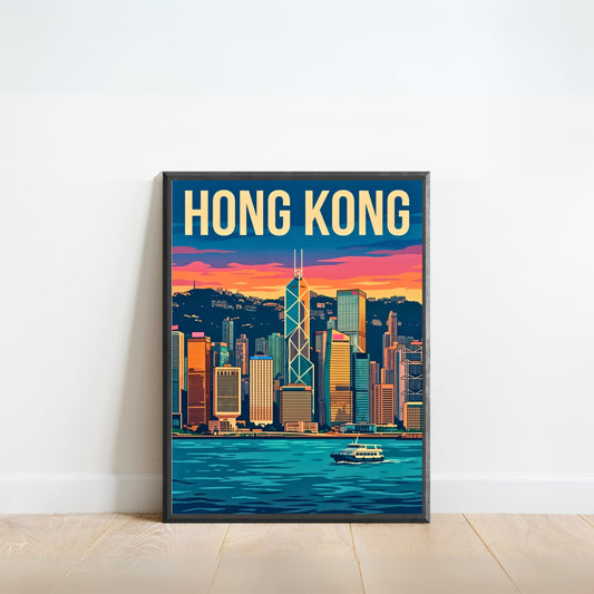 Hong Kong Vintage Travel Poster - Stunning Skyline Before Dark View