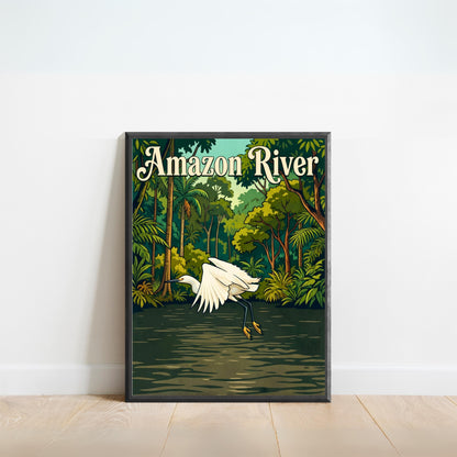Amazon River Vintage Travel Poster - White Heron in Flight
