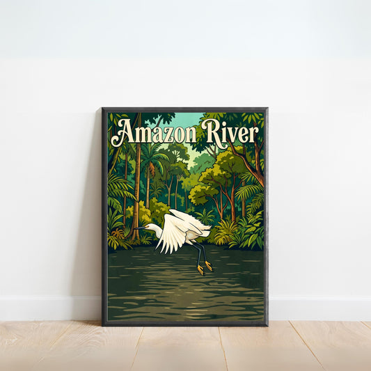 Amazon River Vintage Travel Poster - White Heron in Flight