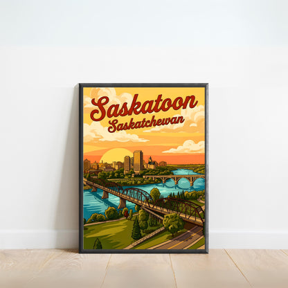 Saskatoon Vintage Travel Poster - River Sunset View