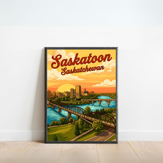 Saskatoon Vintage Travel Poster - River Sunset View
