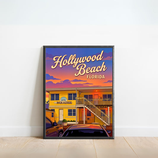 Hollywood Beach Vintage Travel Poster - Sunset at Hotel Paradise