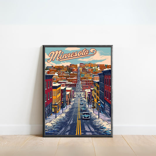 Minnesota Vintage Travel Poster - Winter Street View of Duluth