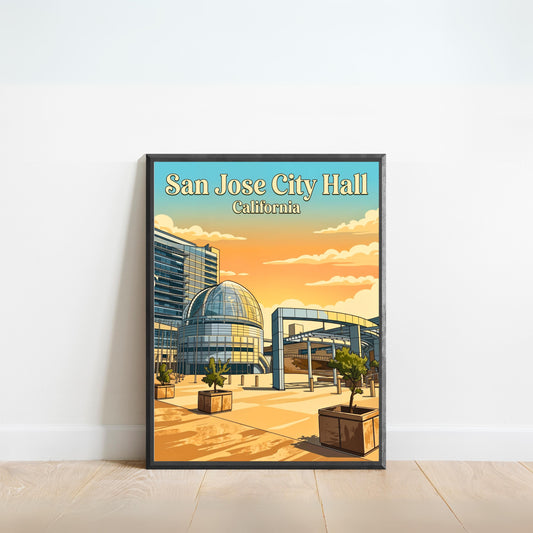San Jose City Hall Vintage Travel Poster - Afternoon Glow