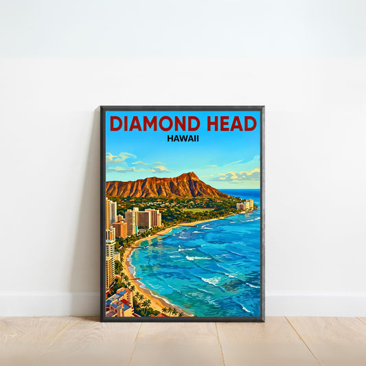 Diamond Head Vintage Travel Poster - Waikiki Hawaii