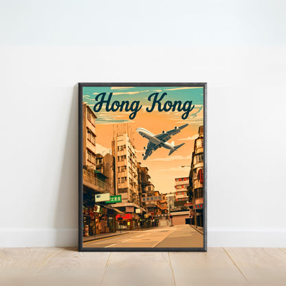 Hong Kong Vintage Travel Poster - Flying into Kai Tak