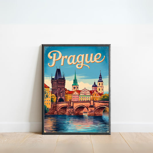Prague Vintage Travel Poster - Golden Hour in Prague