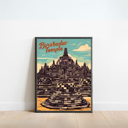 Borobudur Temple Vintage Travel Poster - Indonesia's Ancient Temple