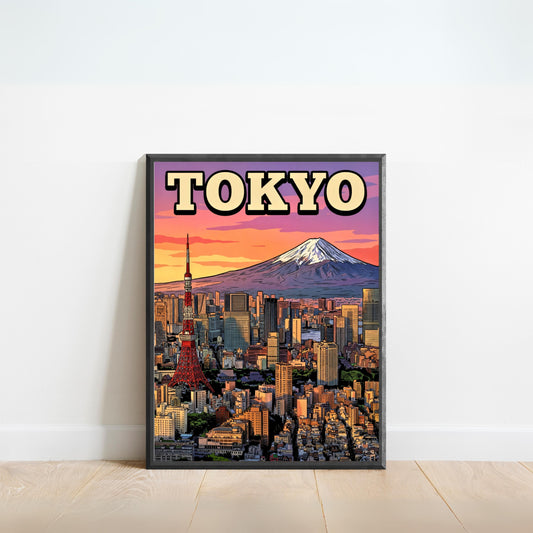 Tokyo Vintage Travel Poster - Iconic Tower and Mount Fuji