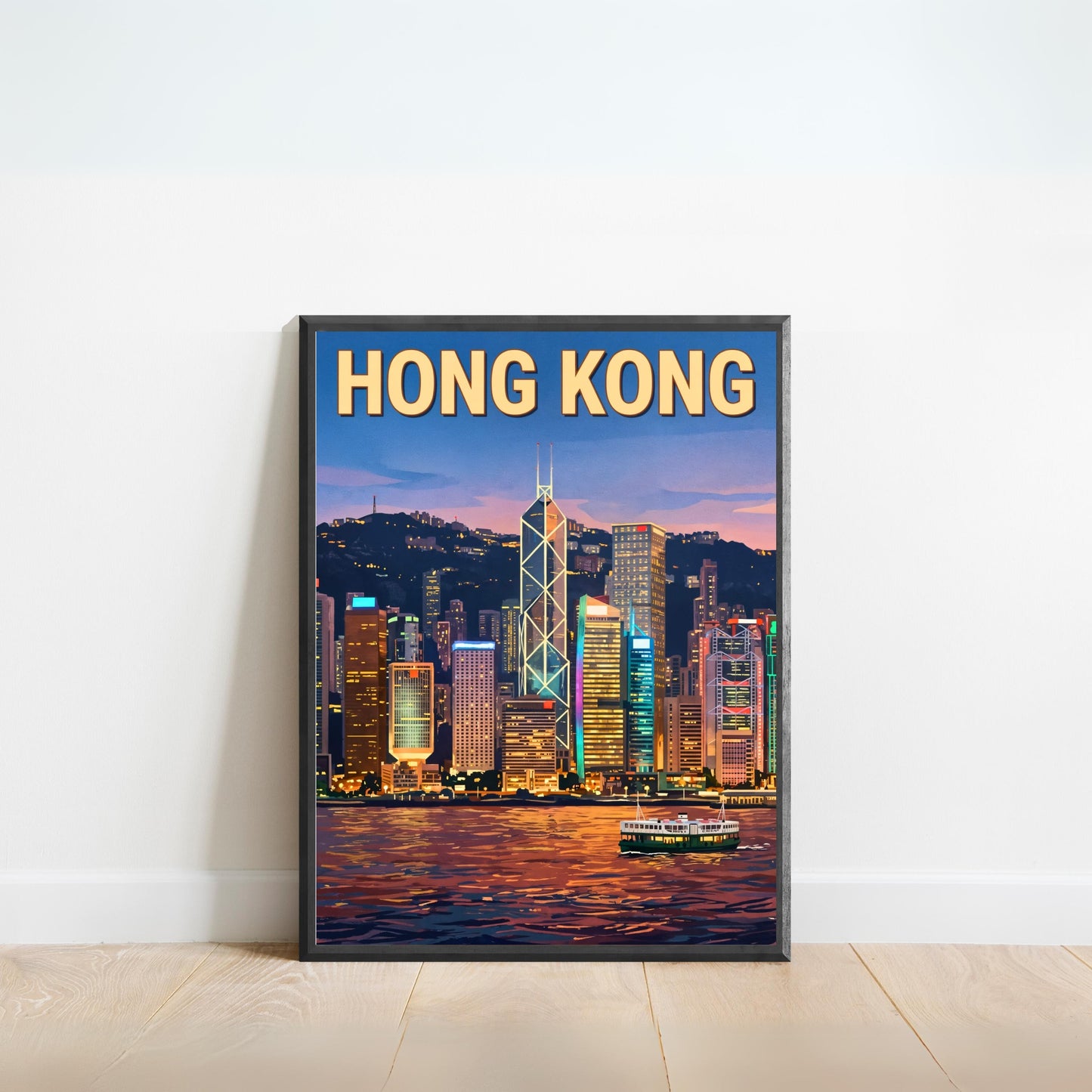 Hong Kong Vintage Travel Poster - Charming Evening View