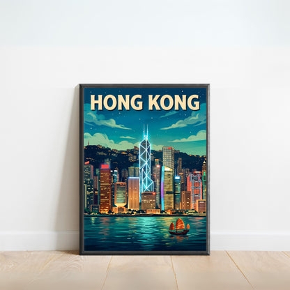 Hong Kong Vintage Travel Poster - Stunning Bank of China Tower Lights