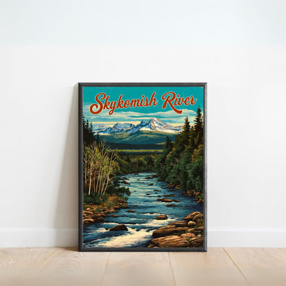 Skykomish River Vintage Travel Poster  - Charming River and Mountain Peak View Washington