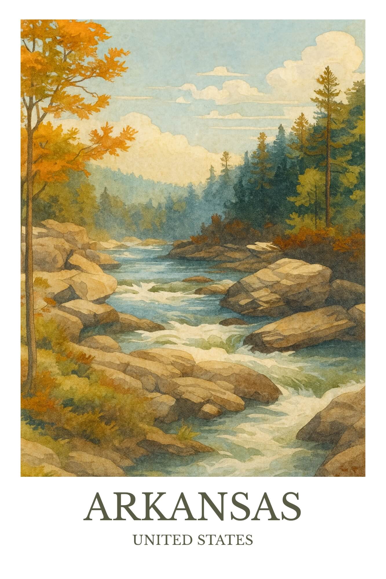 Arkansas, Watercolor design poster, United States Print, Arkansas River Wall Art