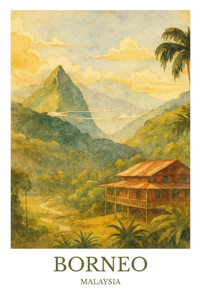 Borneo, Watercolor design poster, Malaysia Print, Borneo Wall Art
