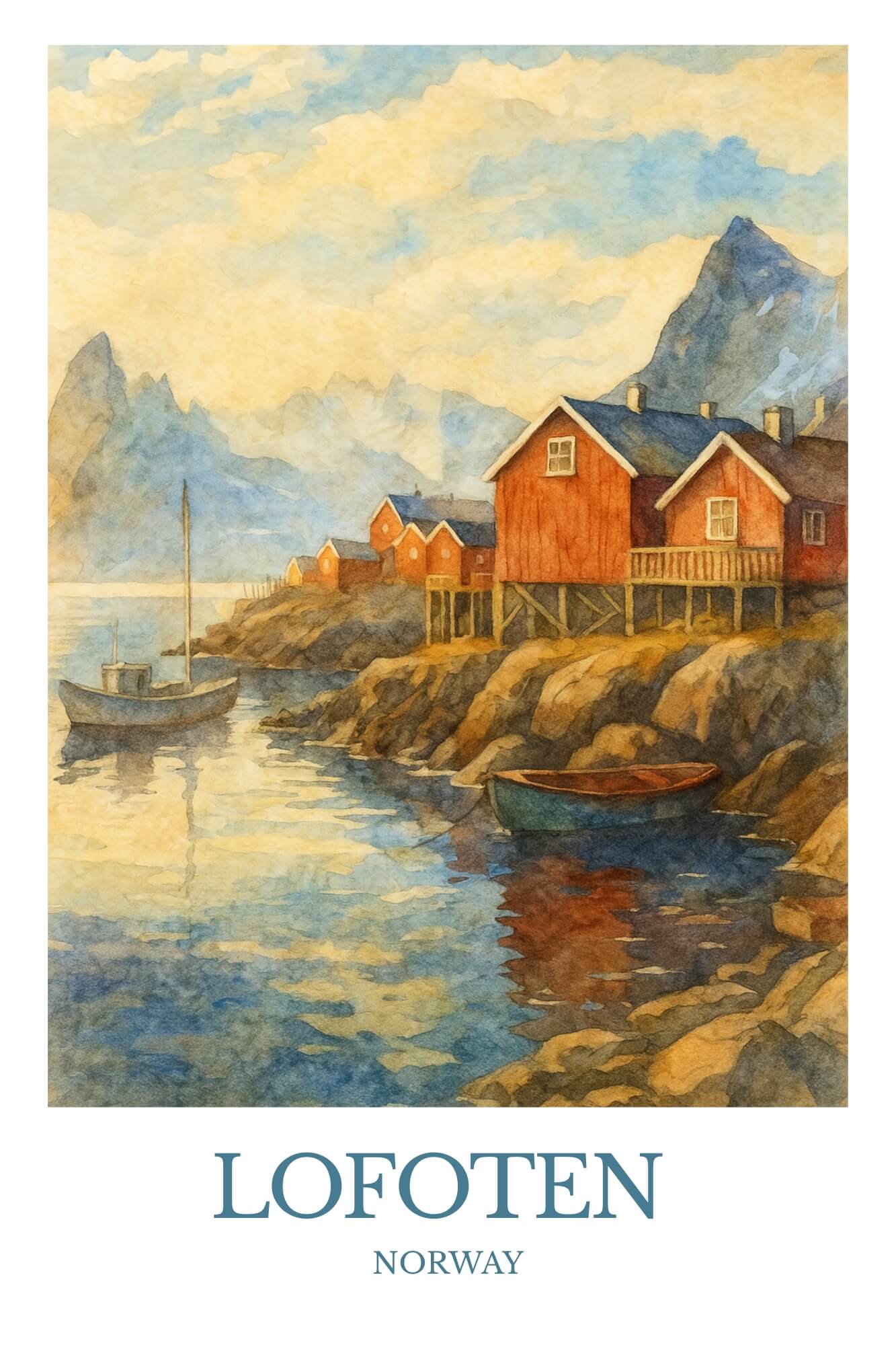 Lofoten, Watercolor design poster, Norway Print, Lofoten Wall Art