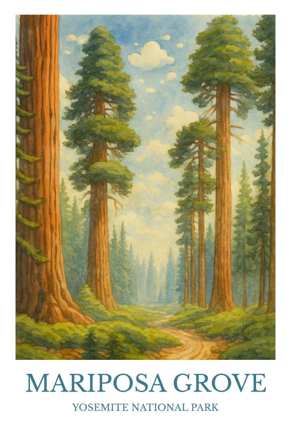 Mariposa Grove, Watercolor design poster, California Print, Mariposa Grove Wall Art