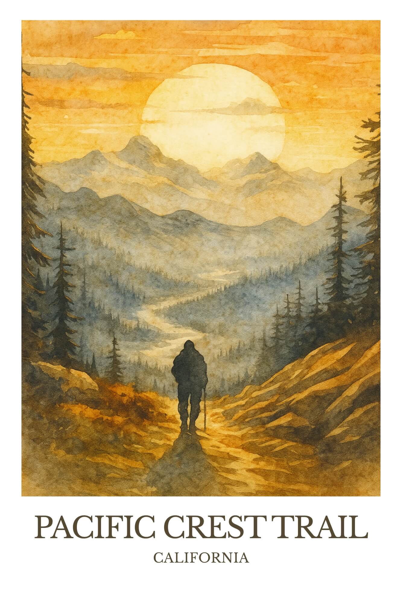 Pacific Crest Trail, Watercolor design poster, California Print, Pacific Crest Trail Wall Art