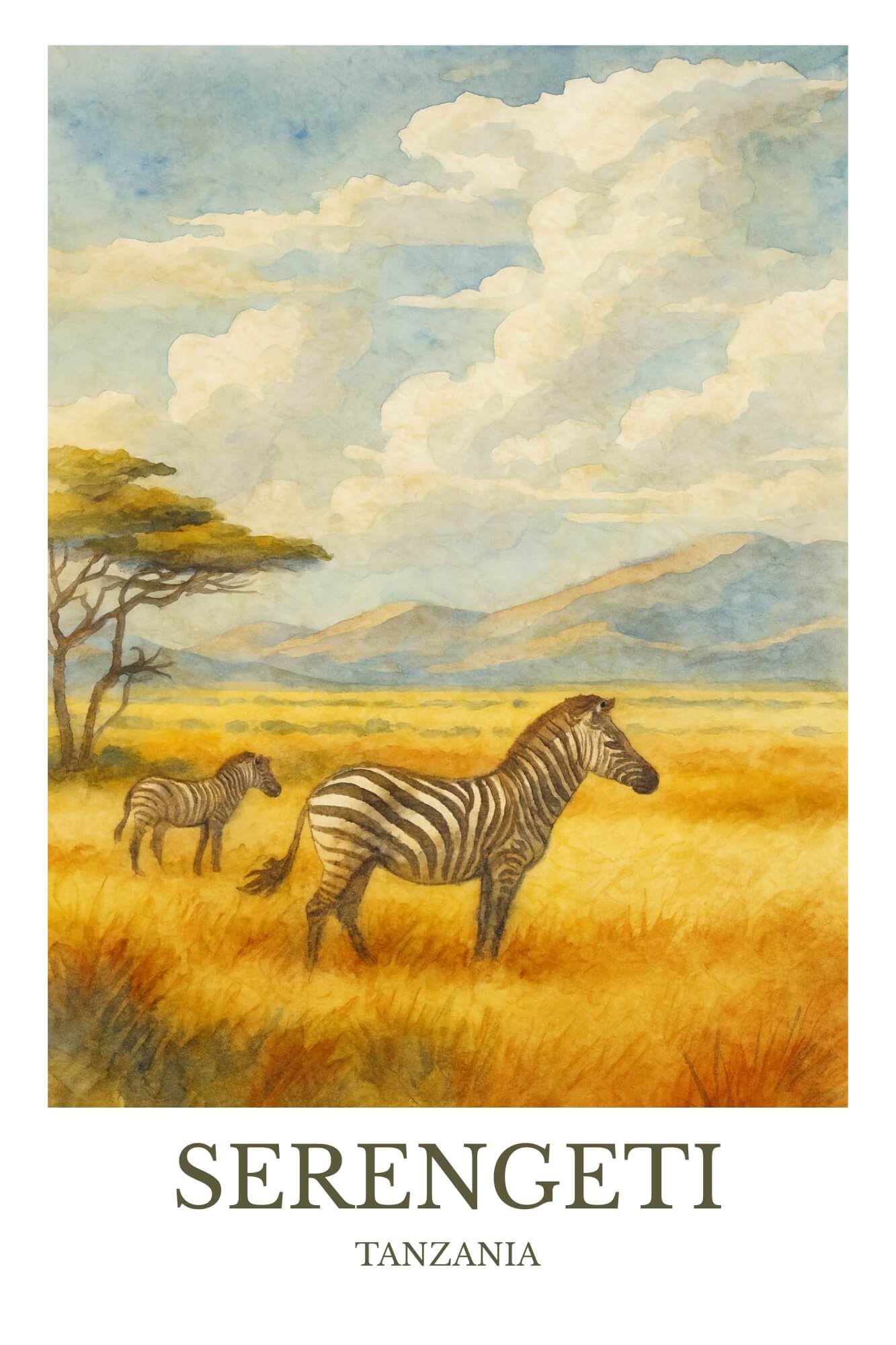 Serengeti, Watercolor design poster, Tanzania Print, Serengeti Wall Art
