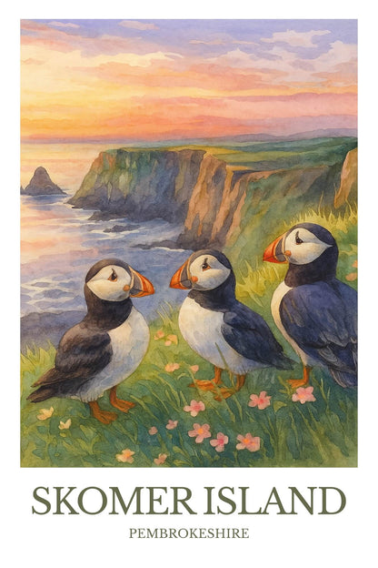 Skomer Island, Watercolor design poster, Pembrokeshire Print, Skomer Island Wall Art
