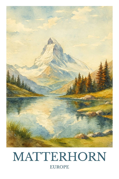 Matterhorn, Watercolor design poster, Europe Print, Matterhorn Wall Art