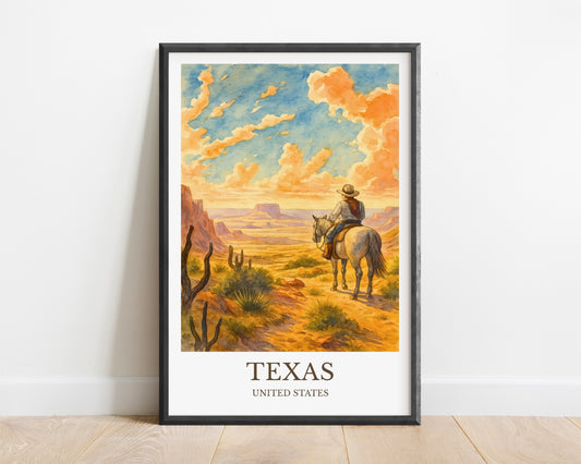 Texas, Watercolor design poster, United States Print, Texas Wall Art